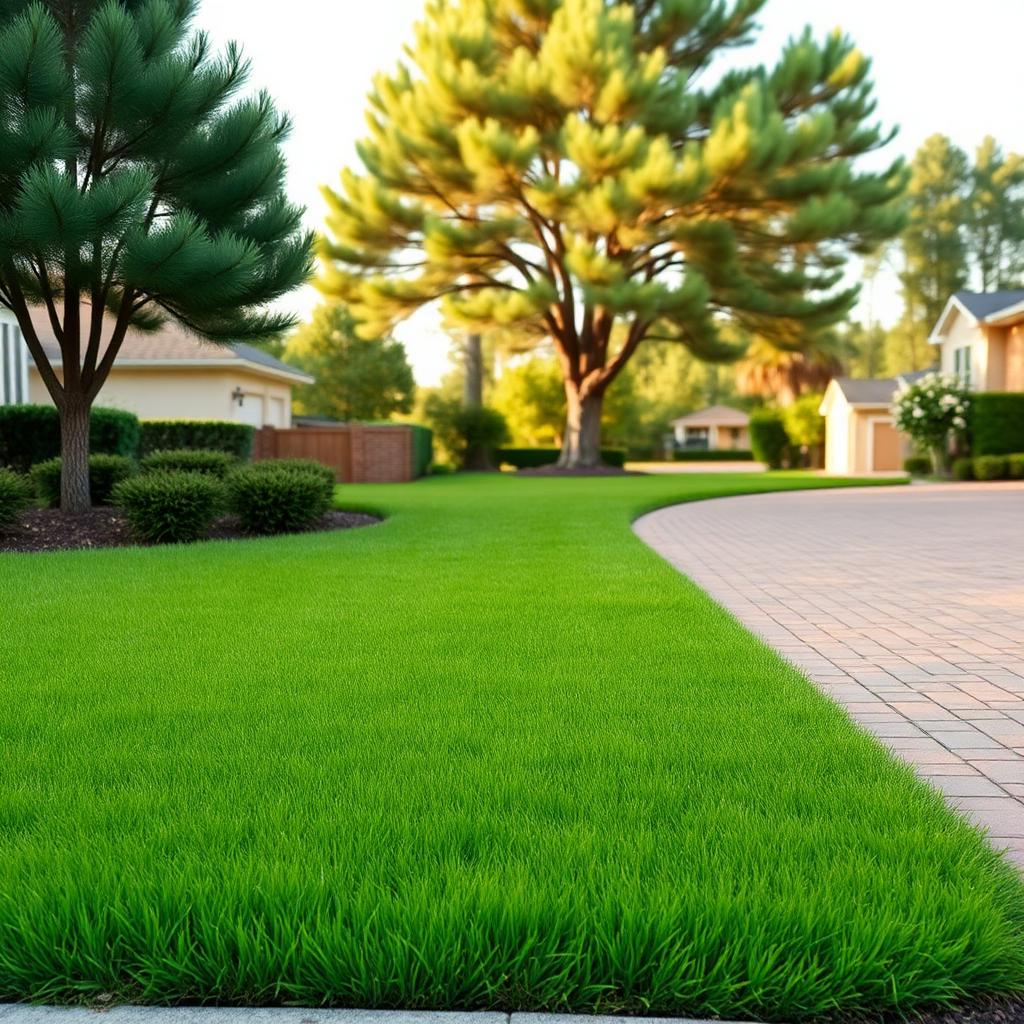 Freshly mowed and edged lawn beside a brick driveway